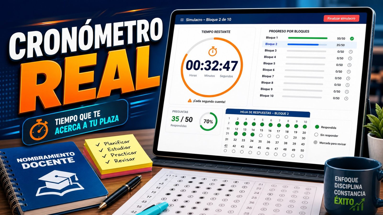 Cronómetro y avance de simulacro en Aula Pip