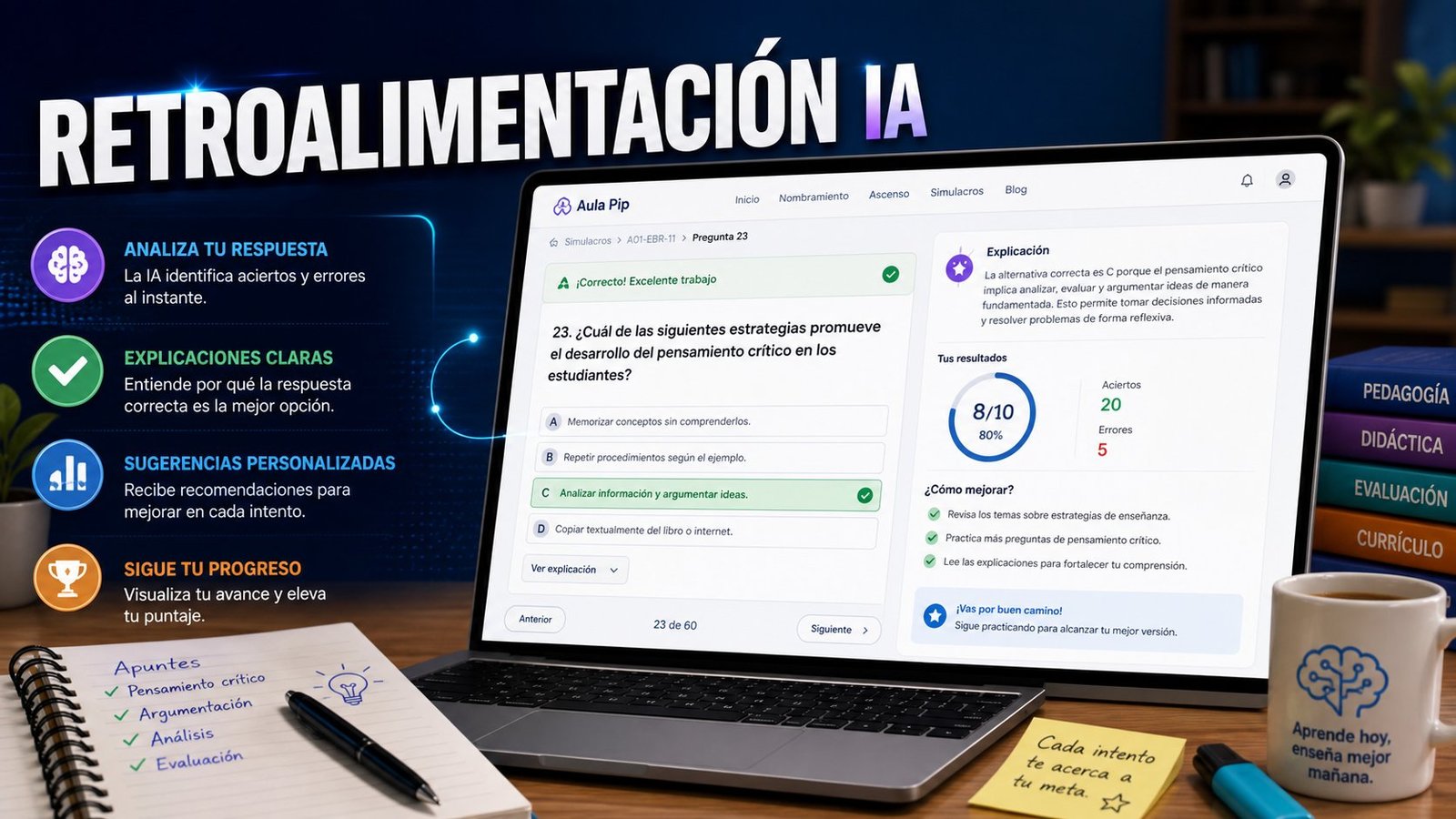 Retroalimentación de respuestas en Aula Pip